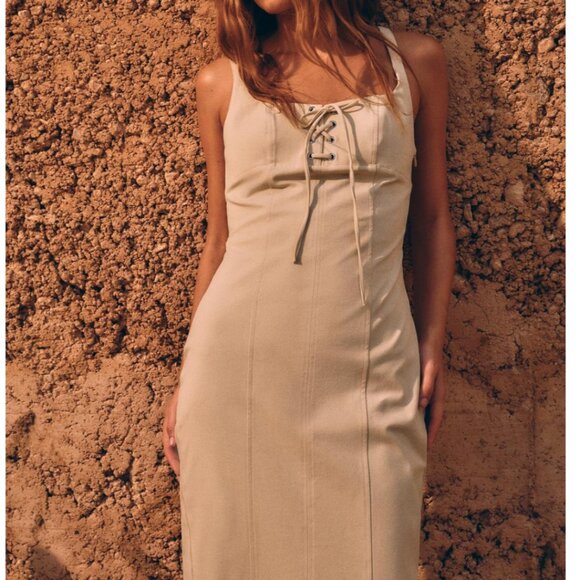 Zara Midi Dress with lace-up drawstring - S - Sand - Picture 11 of 11